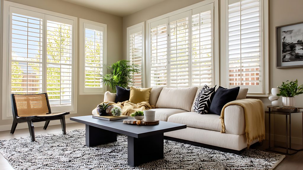 Modern Metro Atlanta living room with white plantation shutters filtering natural light
