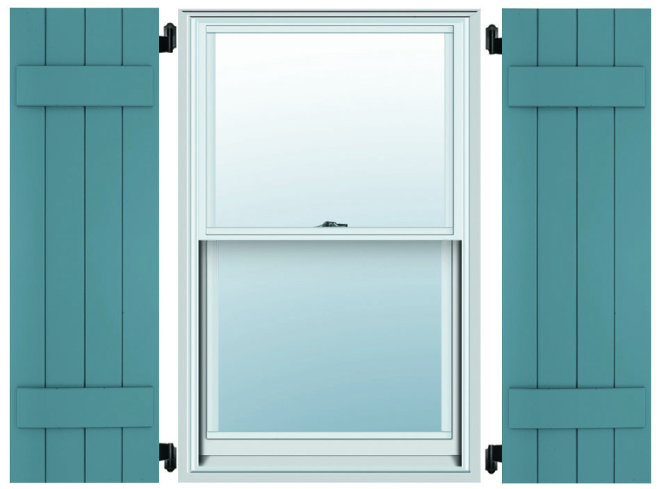 Teal board and batten shutters either side of a white window