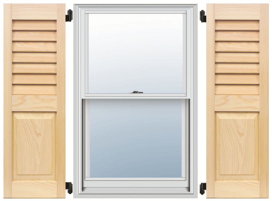 Cypress combination shutters, louvered above and panelled below, either side of a window