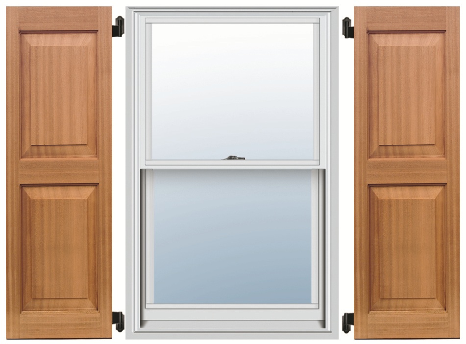 Mahogany raised panel shutters mounted either side of a white window