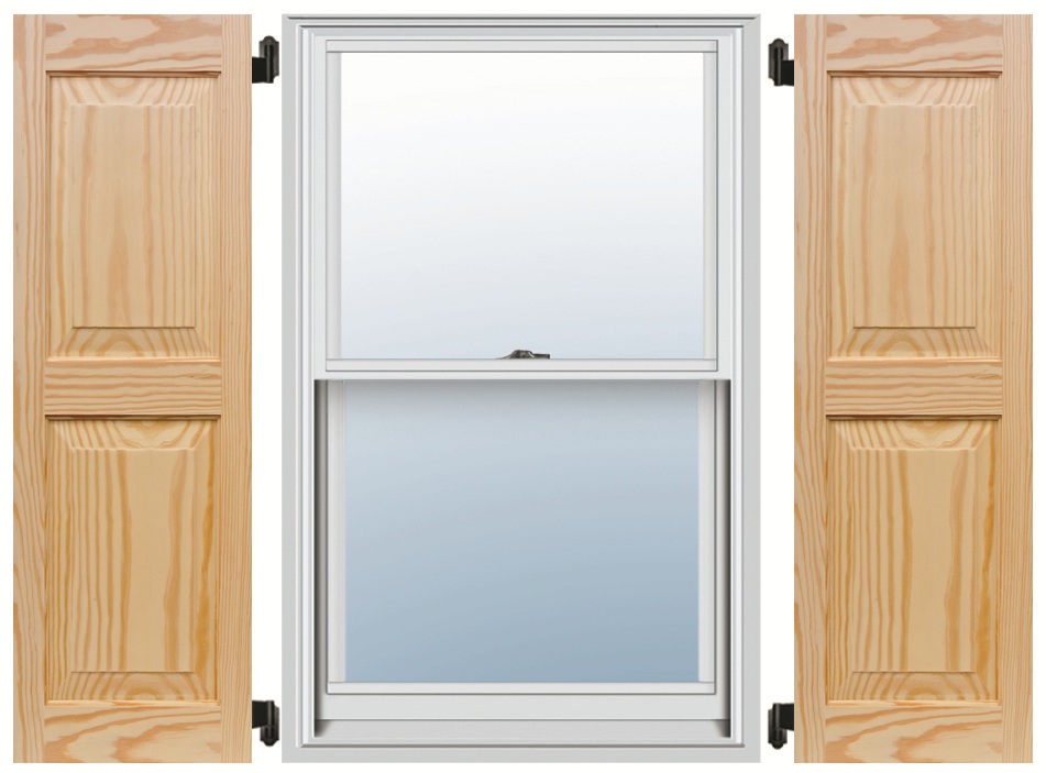 Pine raised panel shutters mounted either side of a white window