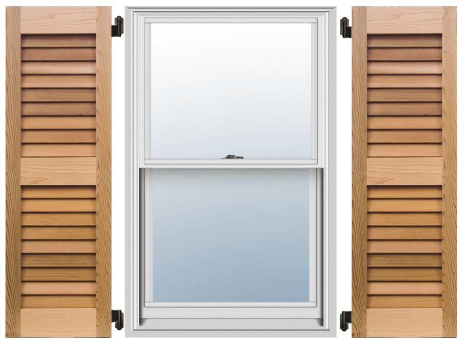 Red cedar louvered shutters mounted either side of a white window