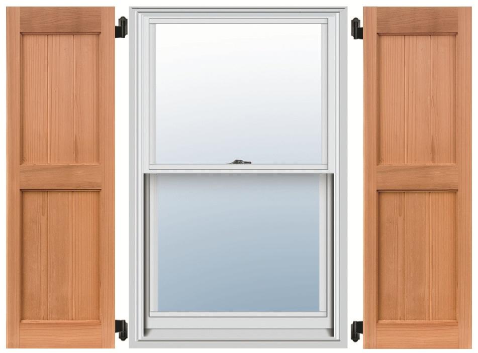 Redwood V-groove panel shutters mounted either side of a white window