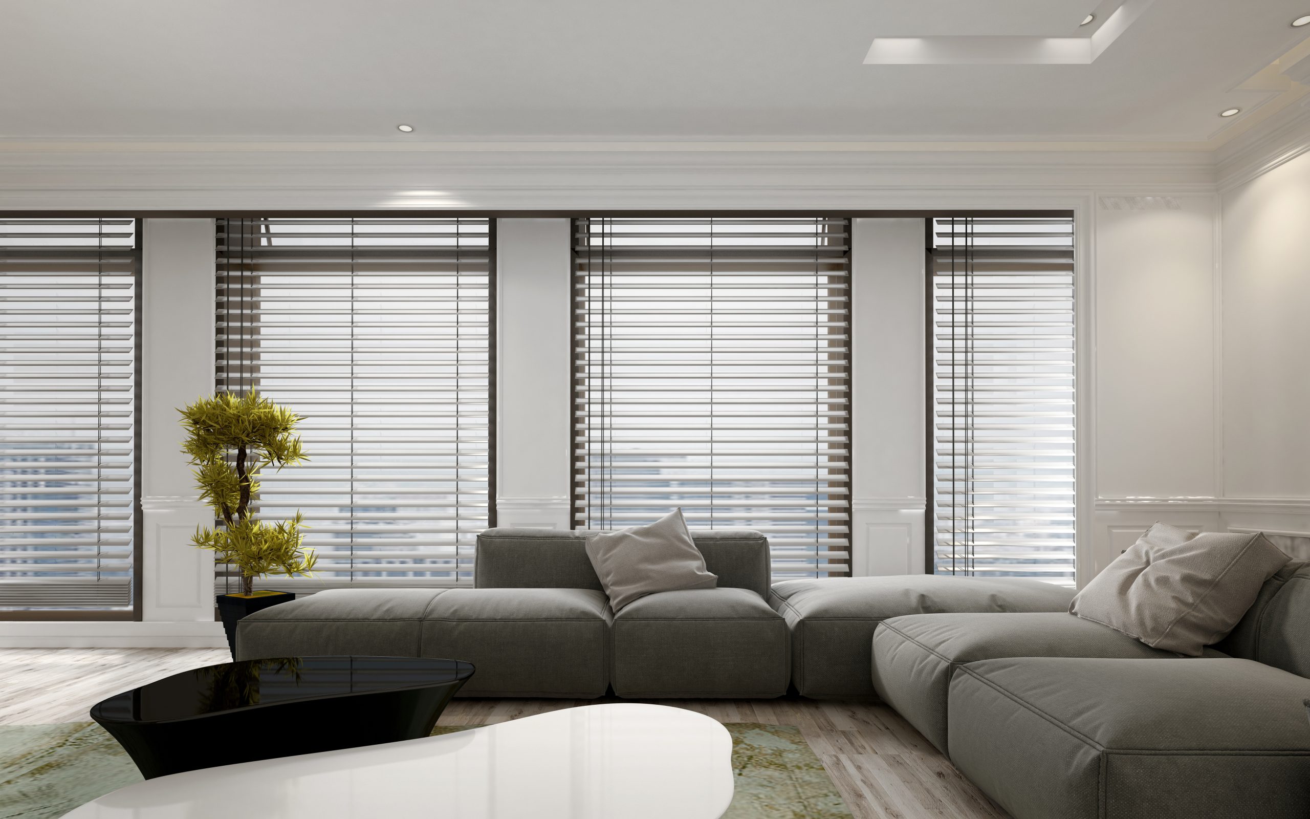 Luxury apartment living room interior with large floor to ceiling window blinds and soft gray modular sofa. Includes large gr