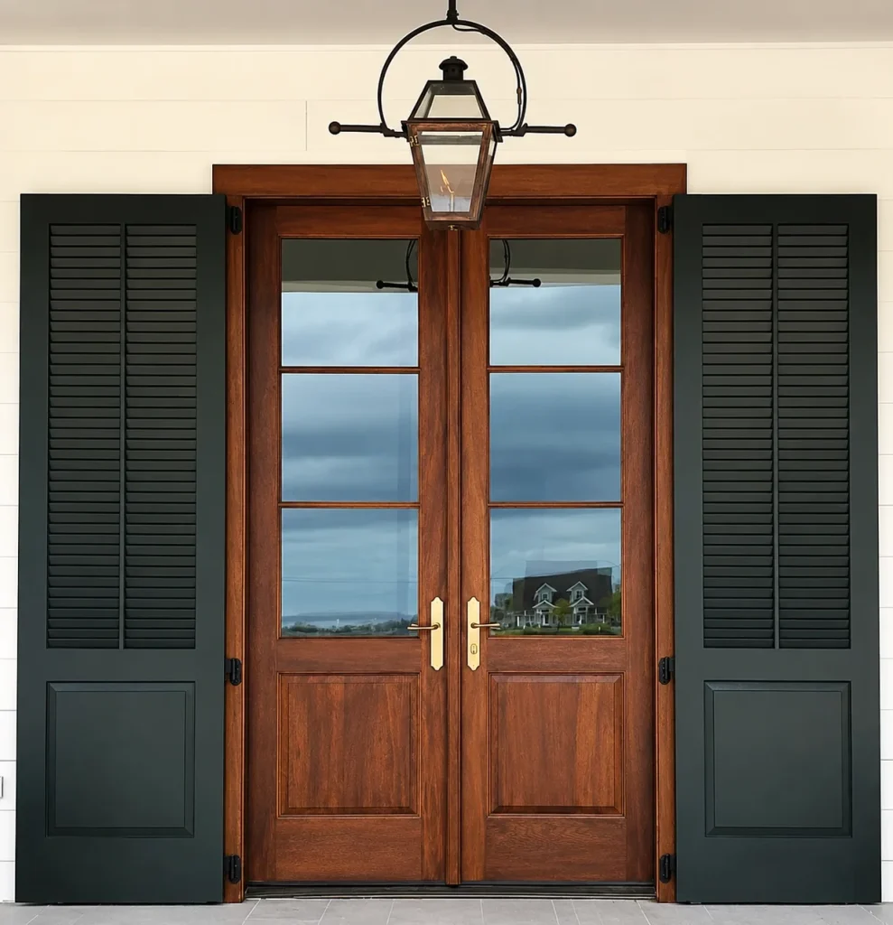 Cedar entry doors framed by dark green combination louvered-and-panel exterior shutters