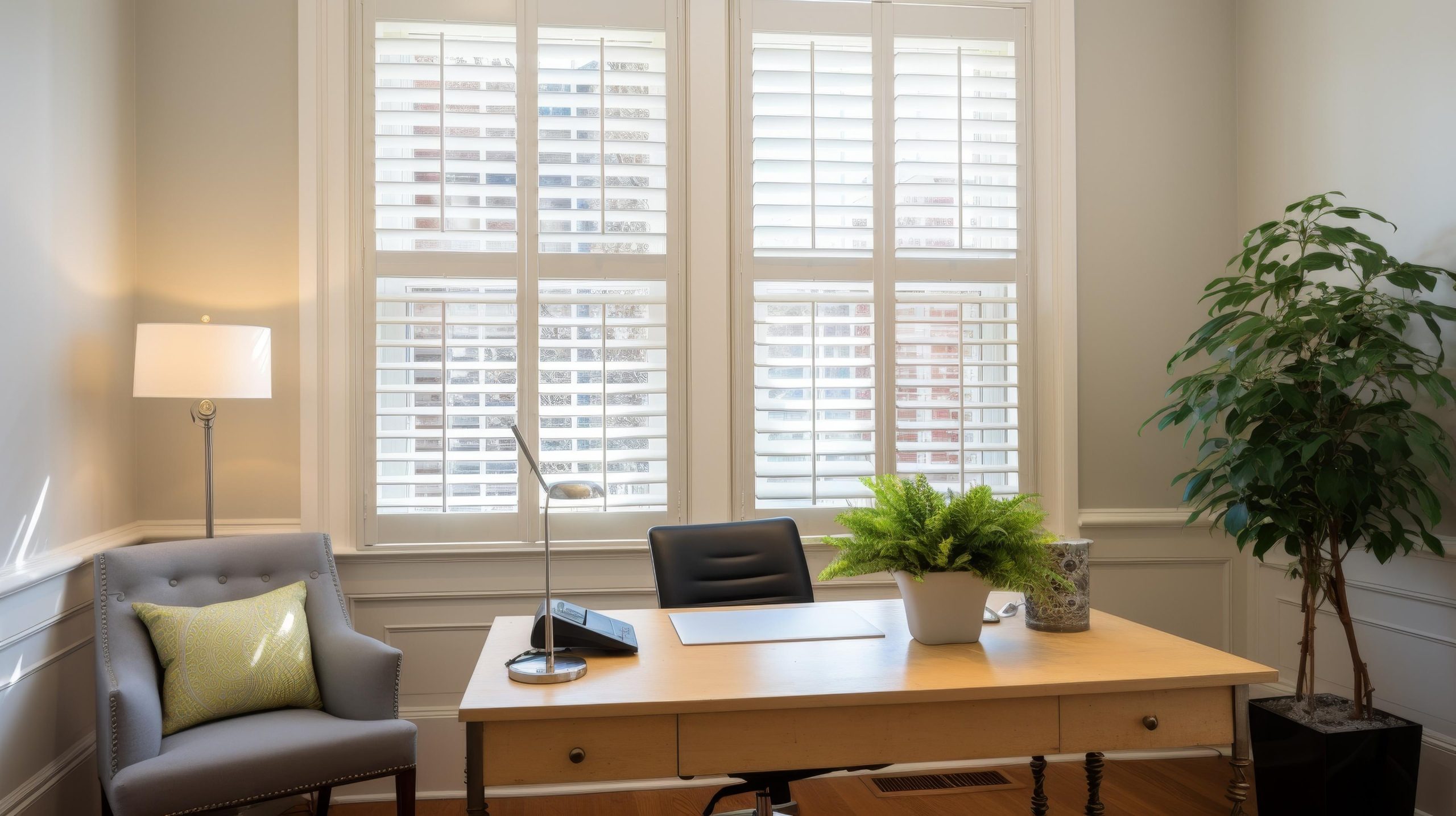 White plantation shutters on living room windows