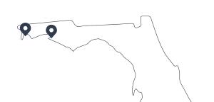 map outline of Florida with pins on Pensacola and Destin area